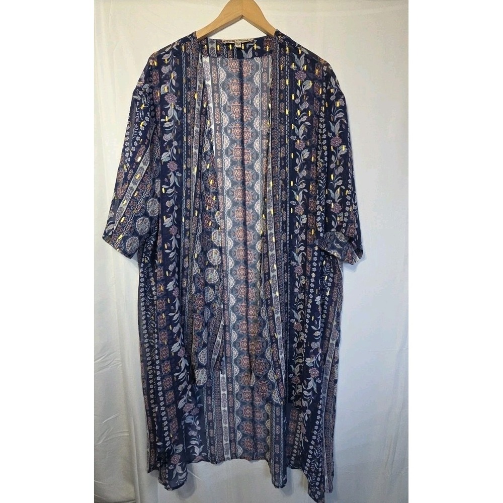 Gypsies &‎ Moondust Boho Kimono Cardigan M Navy Blue Floral Gold Foil Sheer